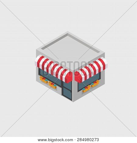 Isometric Shop And Supermarket With Awnings Vector Illustration