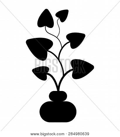 Indoor Plant In Pot With Thin Stem And Big Leaves Black Silhouette Isolated Vector Object. Domestic 