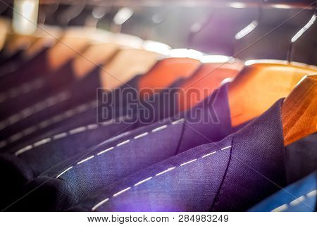 Workpiece Jackets On Clothes Hanger In Tailoring Studio