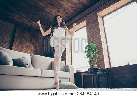 Close Up Low Angle View Portrait Beautiful Brunette She Her Lady Dancing Singing Homey Watch Tv Fitn