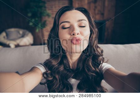 Close Up Photo Beautiful Brunette She Her Lady Make Take Selfies Sending Kisses Boyfriend Husband Ca