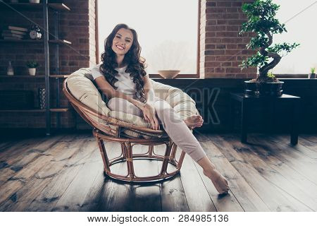 Close Up Photo Amazing Beautiful Brunette She Her Lady Homey Living Room Long Waited Vacation Having