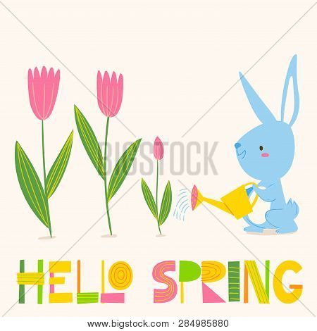 Vector Spring Easter Card With Flowers, Bunny
