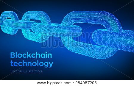 Block Chain. Crypto Currency. Hyperlink Chain. Blockchain Concept. 3d Wireframe Chain With Digital C
