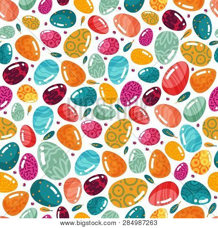 Easter Seamless Pattern Of Multi-colored Eggs. Background