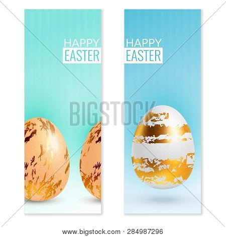 Realistic Easter Eggs On A Light Background With A Banner