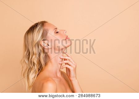 Spa Treatment Therapy. Profile Side View Portrait Of Attractive Wavy-haired Lady With Perfect Pure S