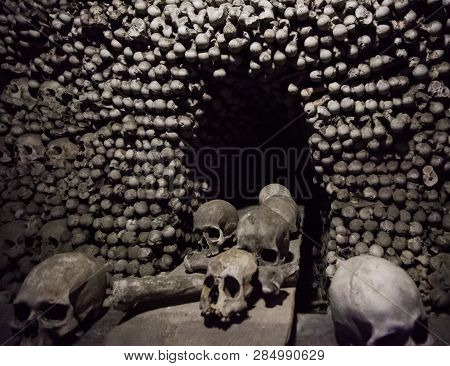 Skulls In Kostnice Church In The Czech Republic Town Of Kutna Hora. Czech Landmarks