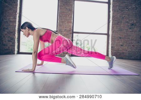 Profile Side View Of Her She Nice Attractive Sportive Lady Wearing Pink Clothes Top Standing In Posi