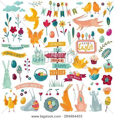 Flat Cartoon Easter Set. Banners, Ribbons, Eggs Rabbits Flowers