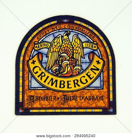 Amsterdam, The Netherlands - February 19, 2019: Grimbergen Beer Coaster.