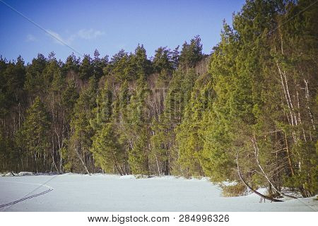 White Snow On The Big Lake In Russia In Winter