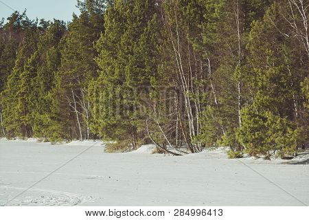White Snow On The Big Lake In Russia In Winter