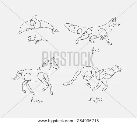 Set Of Animals Dolphin, Fox, Horse, Cheetah Drawing In Pen Line Style On Light Background