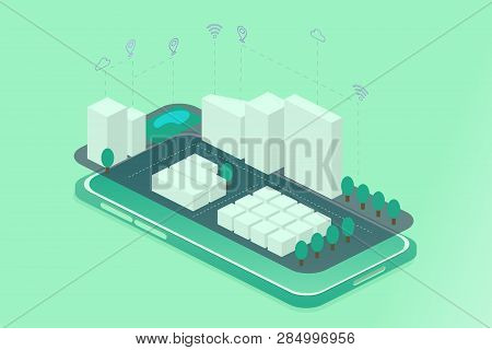 Isometric Illustration. . Flat Template With Smart City. City Smart Tower Icon.