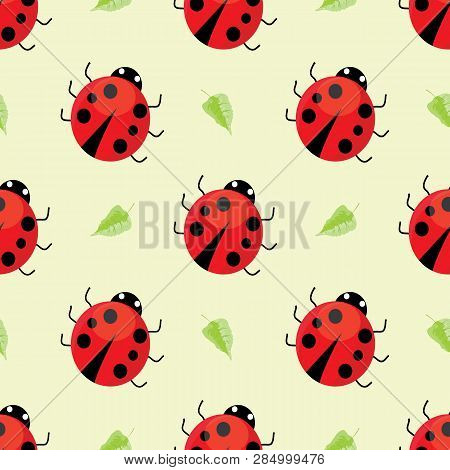 Seamless Pattern With Ladybugs And Green Leaves