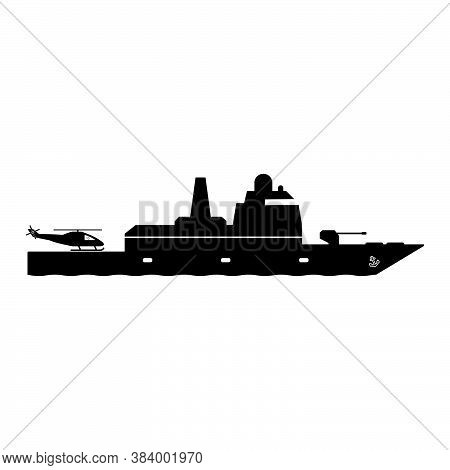 Frigate Warship With Helicopter Dock. Icon Pictogram Depicting Frigate Navy Naval Military War Batte