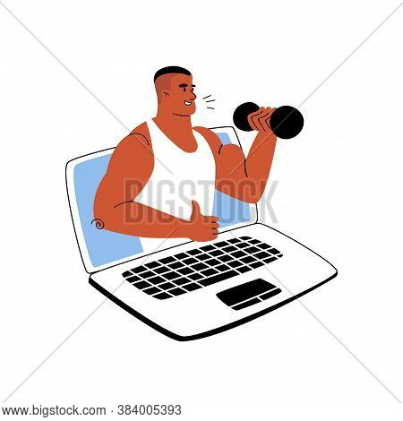 Cartoon Tanned Sports Trainer Teaches Online Via Laptop. Online Sports Training From Home. Vector St