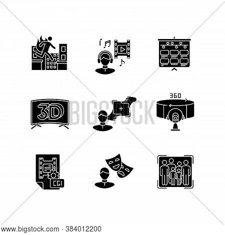 Film Making Black Glyph Icons Set On White Space. Visual Development For Movie. Special Effect For C