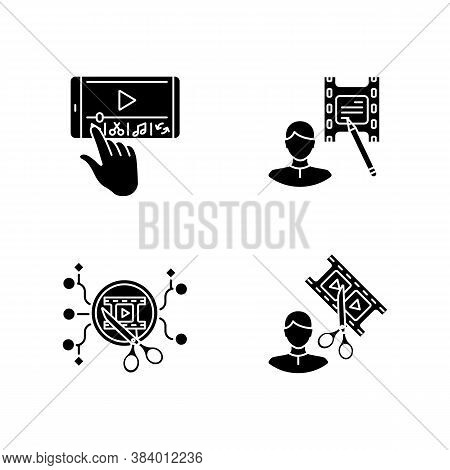 Movie Making Black Glyph Icons Set On White Space. Mobile Phone Editing. Film Making On Smartphone. 