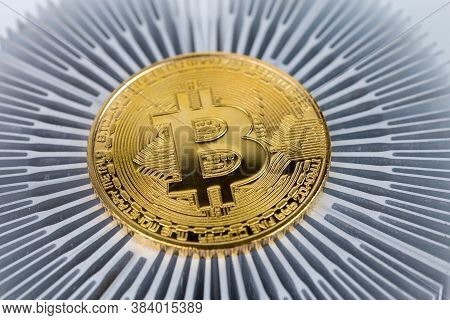 Bitcoin Shiner Close-up On Aluminium Heatsink With Selective Focus