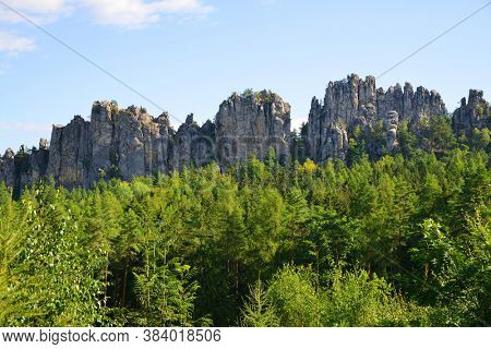 View of the rocky ridge Suche skaly (Dry Rocks) in Bohemian Paradise (Cesky Raj), Czechia.