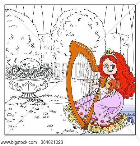 Beautiful Princess Playing The Celtic Harp In Palace Park With Topiary And Flowers Outlined For Colo
