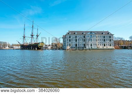 VOC ship and maritime museum in Amsterdam harbor in the Netherlands