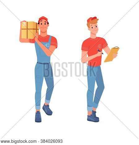 Delivery Couriers Delivering Goods Parcels And Waybill For Signature, Vector Flat Isolated Icons. Co