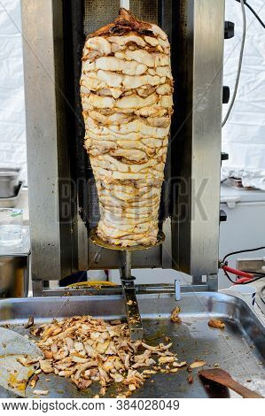Grilled Skewered Chicken On Spit, A Traditional Meat That Will Be Shaved For Traditional Turkish Dis