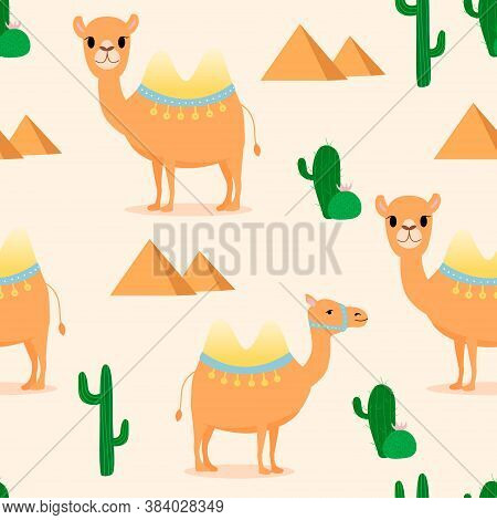 Cute Camels With Cactus Seamless Pattern. Good For Fabric, Textile. Vector Elements