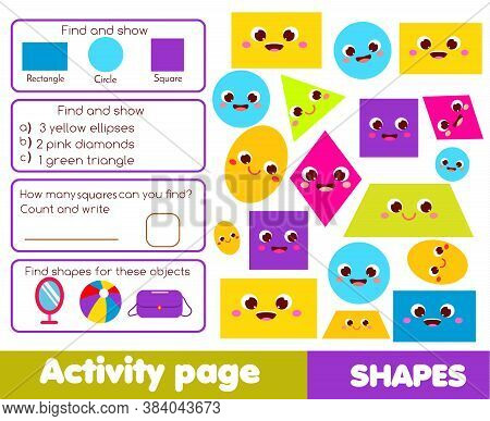 Geometric Shapes Activity Page For Kids. Educational Children Game List For Learning Forms
