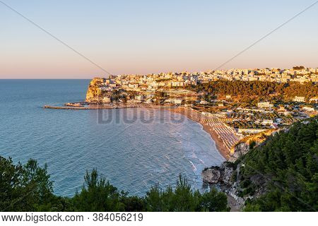 Aerial View Of Peschici At Sunset, Small Picturesque Village In Province Of Foggia, Gargano, Puglia,