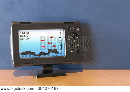 Fish Finder On The Wooden Table. 3d Rendering