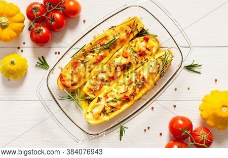 Stewed Yellow Zucchini With Tomatoes And Onions, Cheese And Herbs, Carrots And , Stuffed Zucchini On