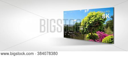 8k Resolution Display With Comparison Of Resolutions. Tv Screen Panel Conceptual Graphic. Web Banner