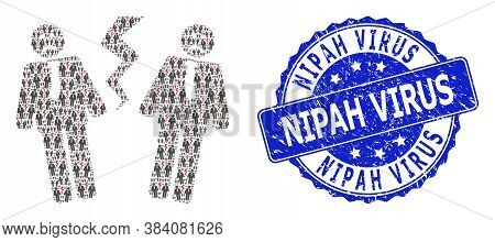 Nipah Virus Textured Round Stamp Seal And Vector Recursive Mosaic Businessmen Conflict. Blue Stamp S