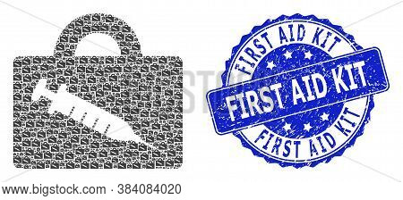 First Aid Kit Corroded Round Stamp And Vector Fractal Collage Vaccine Case. Blue Stamp Seal Contains