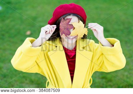 Happy Parisian Kid Wear French Barret And Hold Autumn Maple Leaves, Happiness.