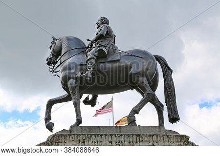 London, Great Britain -may 23, 2016: Bronze Equestrian Statue Of Charles I, The Monarch Over The Thr