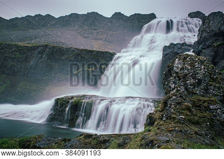 Scenery Of Mountains With Dynjandi, Fjallfoss, Waterfall, Iceland. Long Exposure. Icelandic Summer L