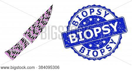 Biopsy Unclean Round Stamp Seal And Vector Fractal Mosaic Knife. Blue Stamp Includes Biopsy Text Ins