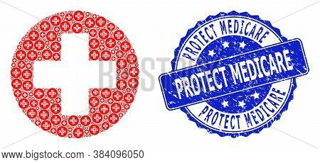 Protect Medicare Rubber Round Seal Print And Vector Recursive Collage Medical Cross. Blue Stamp Seal