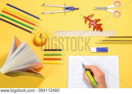 School Supplies, Pencils, Compasses, Eraser, Book, Scissors, Ruler, Hand Writes In A Notebook, Autum