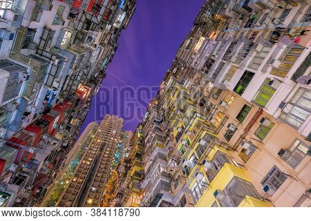 Old Community Night View Colorful Apartment Building At Quarry Bay, Hong Kong