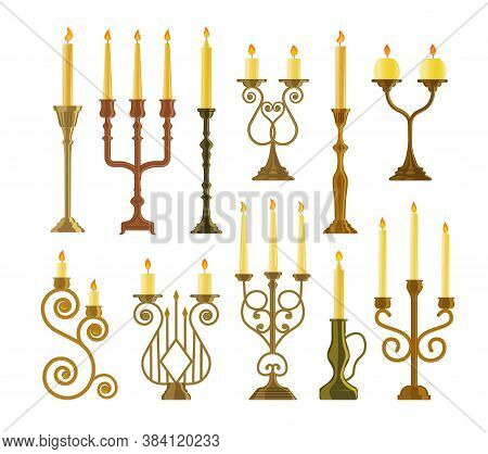 Candlestick Icon. Vintage Candelabrum Or Candlestick With Burning Wax Candle Flame Set. Vector Elega
