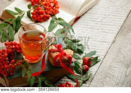 Autumn, Fall Leaves, Cup Of Tea, Opened Book On Wooden Table. Seasonal, Book Reading, Sunday Relaxin