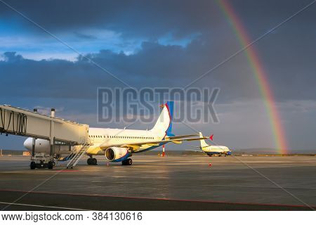 Scenic Rainbow In The Evening Airport Apron