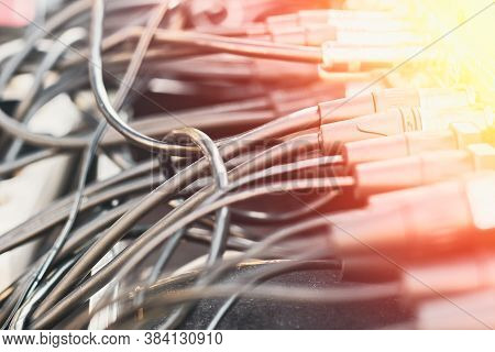 Close Up Audio Jacks Cable Plugged Into Mixer Console. Xlr Audio Cable