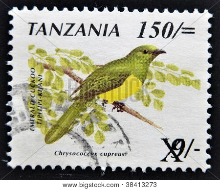 Tansania ca. 1990: eine Briefmarke gedruckt in Tansania zeigt den smaragdgrÃ¼nen Kuckuck Vogel (Chrysococcyx Cupre